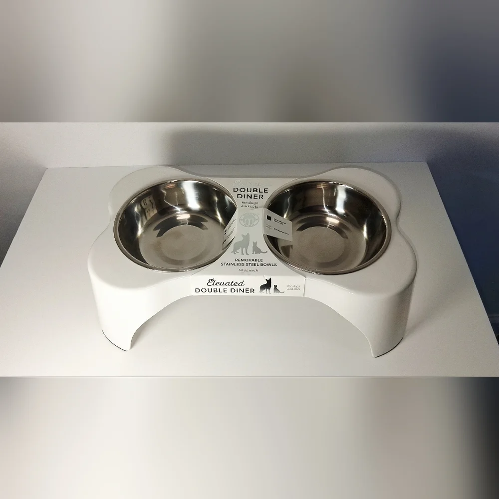 Elevated Double Diner Pet Bowl - White with Stainless Steel Bowls